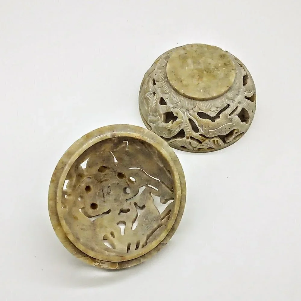 Carved Taupe Soapstone Round Candle Incense Holder